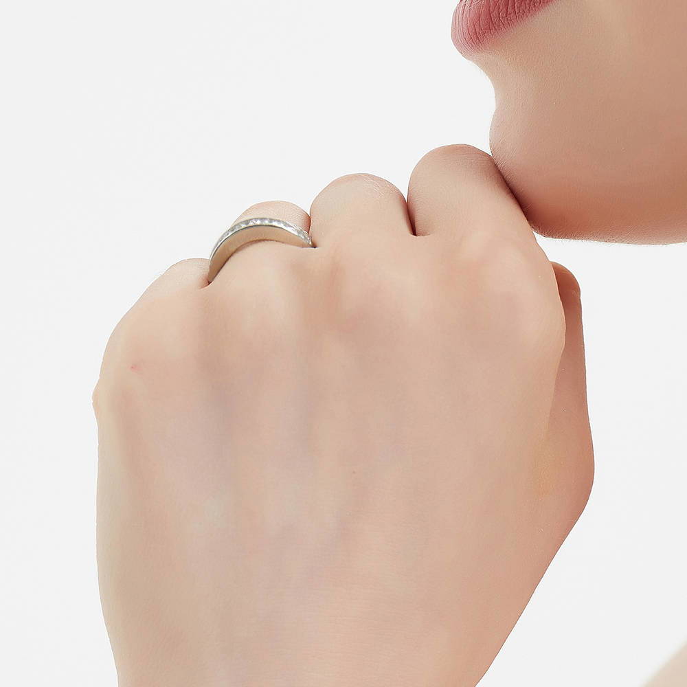 Model wearing Solitaire 3ct Cushion CZ Ring Set in Sterling Silver, 16 of 17