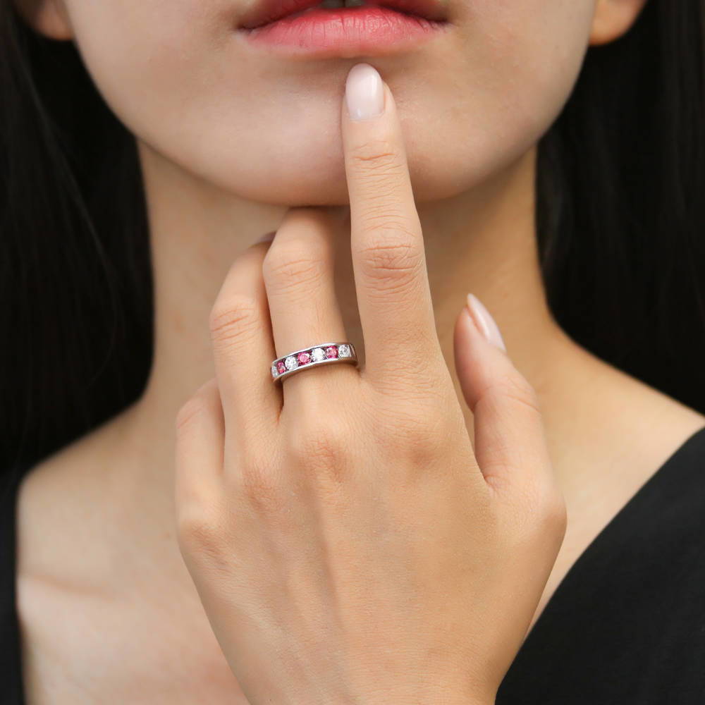 Model wearing Red Channel Set CZ Stackable Half Eternity Ring in Sterling Silver, 2 of 9