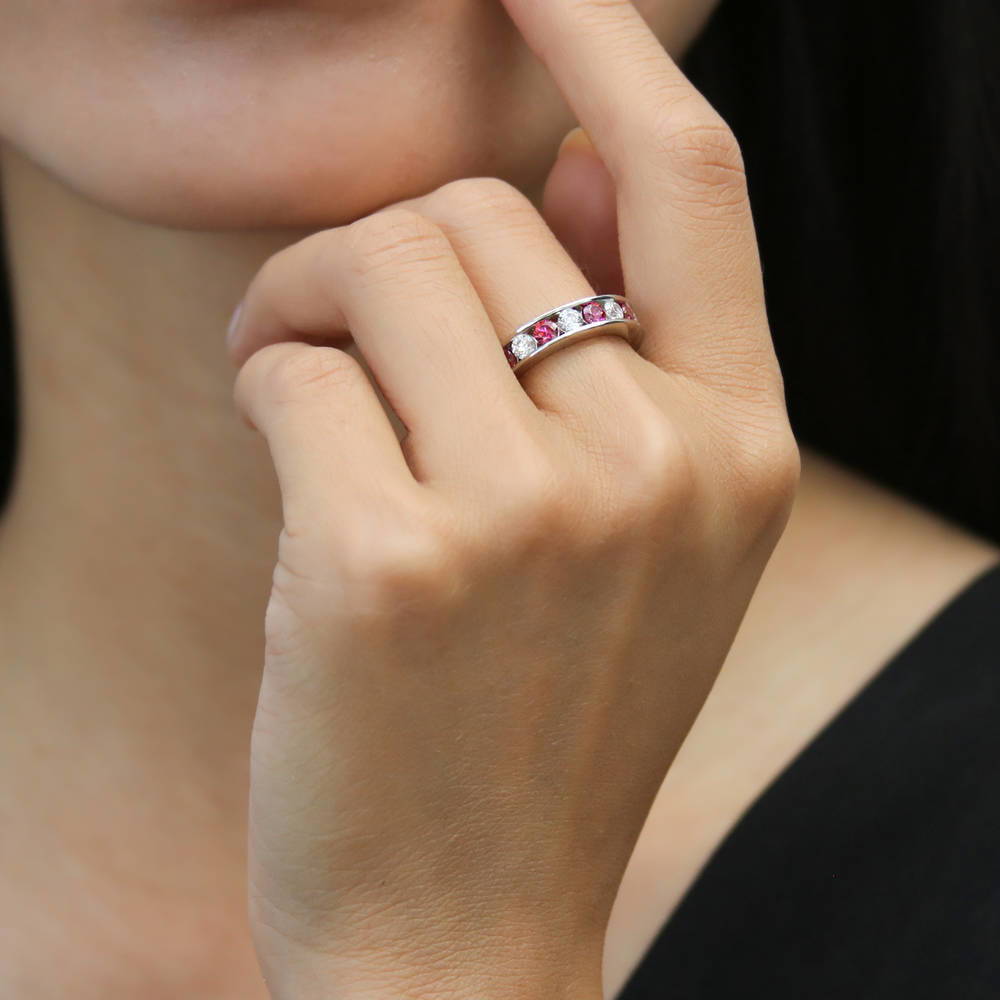 Model wearing Red Channel Set CZ Stackable Half Eternity Ring in Sterling Silver, 6 of 9