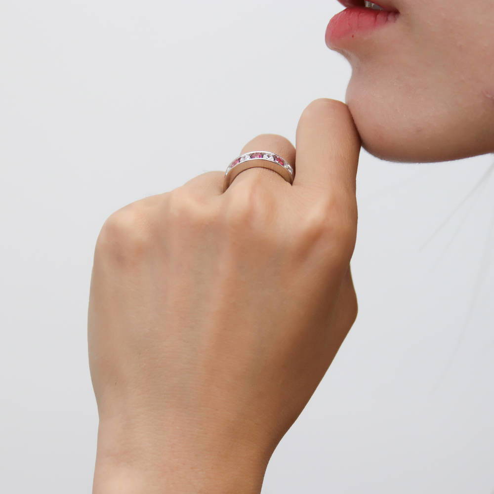 Model wearing Red Channel Set CZ Stackable Half Eternity Ring in Sterling Silver