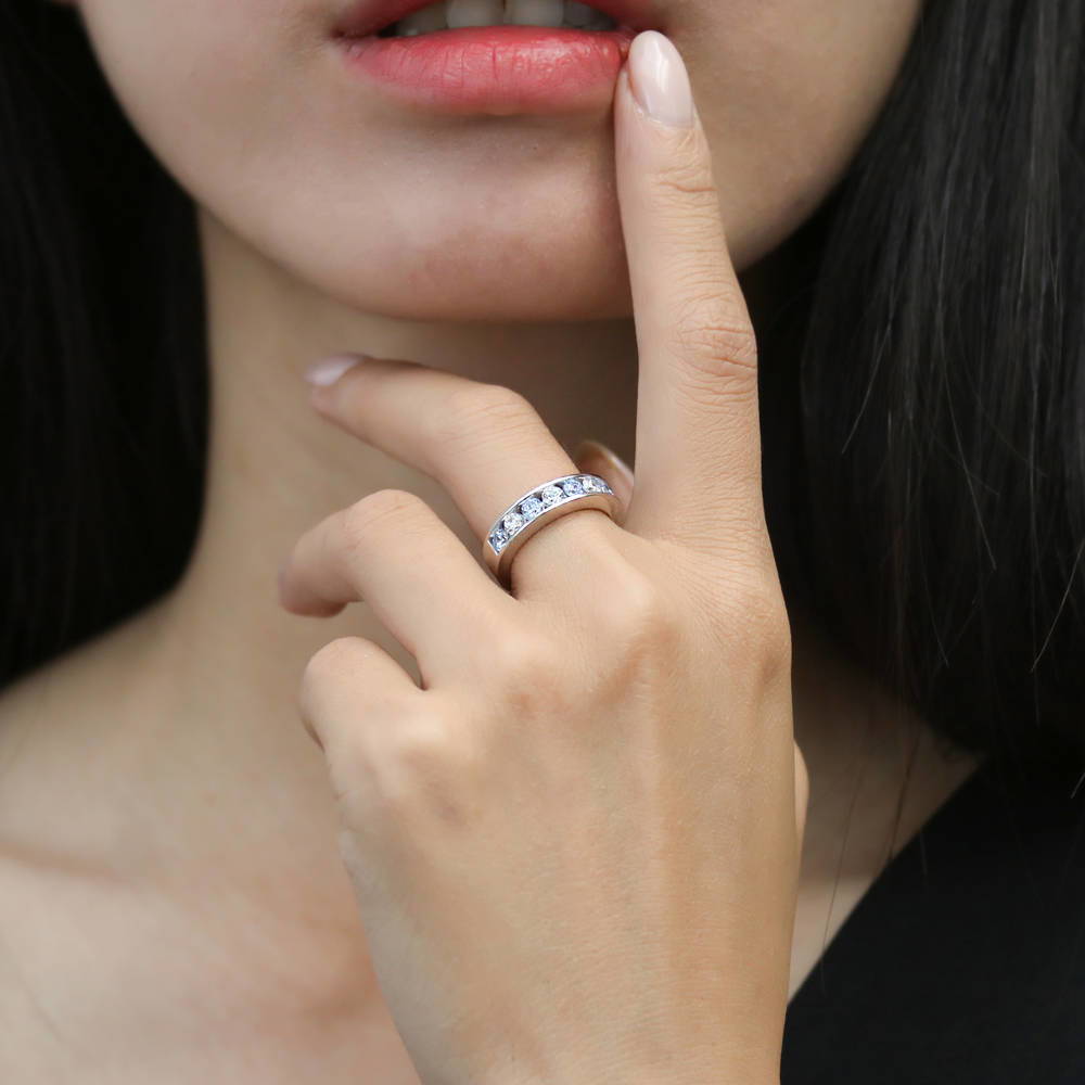 Model wearing Greyish Blue Channel CZ Stackable Half Eternity Ring in Sterling Silver, 2 of 9