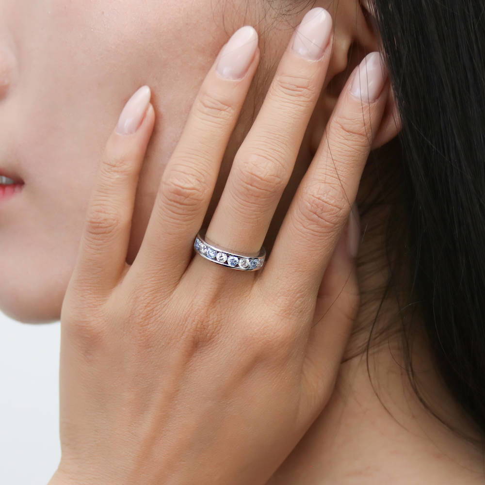 Model wearing Greyish Blue Channel CZ Stackable Half Eternity Ring in Sterling Silver, 3 of 9