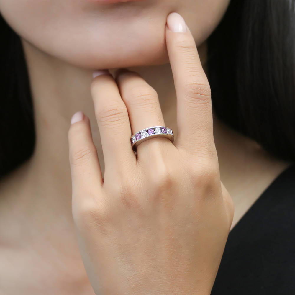 Model wearing Purple Channel Set CZ Stackable Half Eternity Ring in Sterling Silver