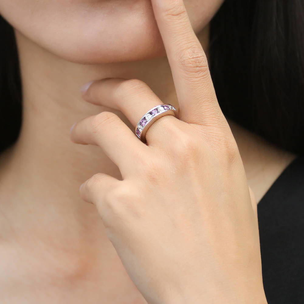 Model wearing Purple Channel Set CZ Stackable Half Eternity Ring in Sterling Silver