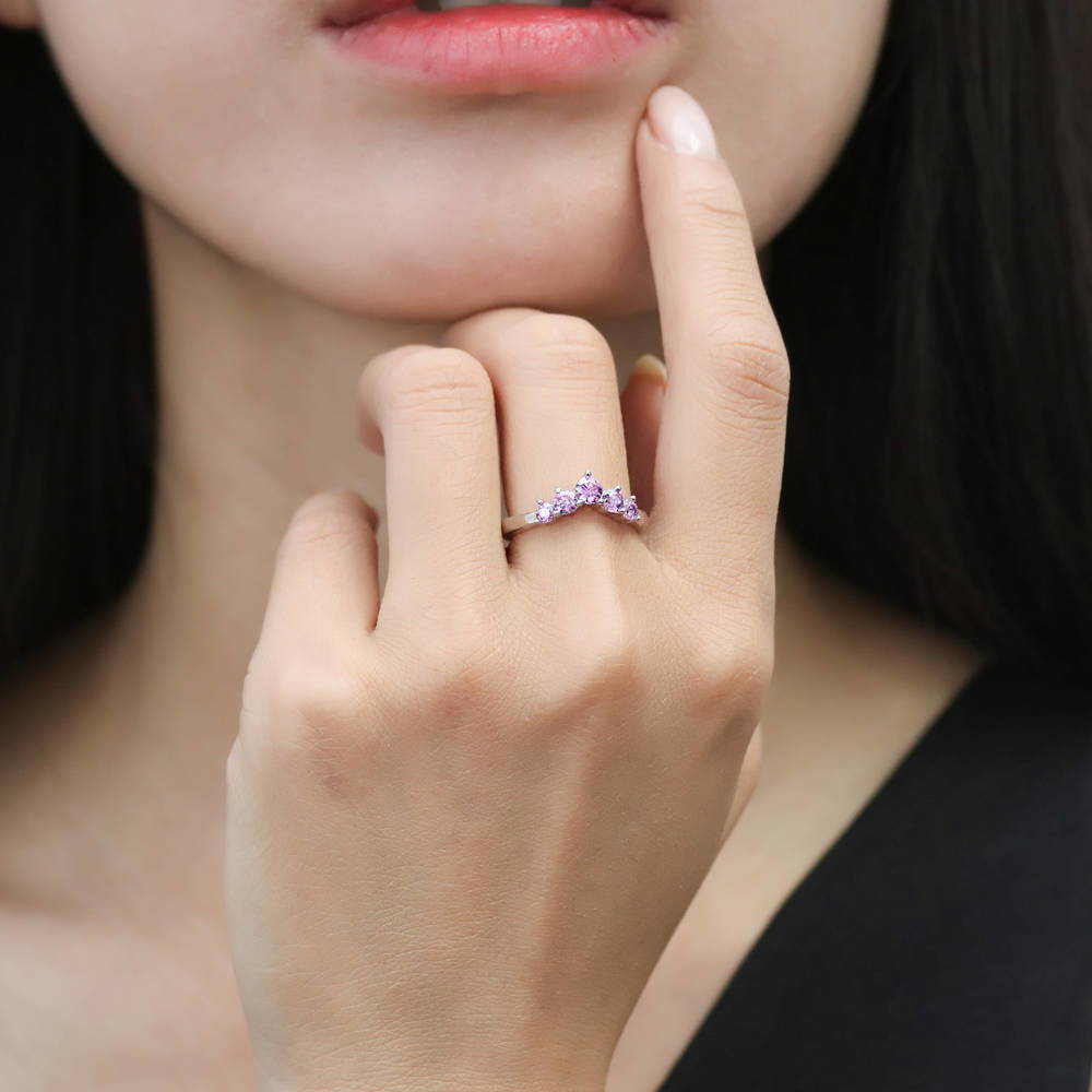 Model wearing 5-Stone Wishbone CZ Stackable Curved Band in Sterling Silver