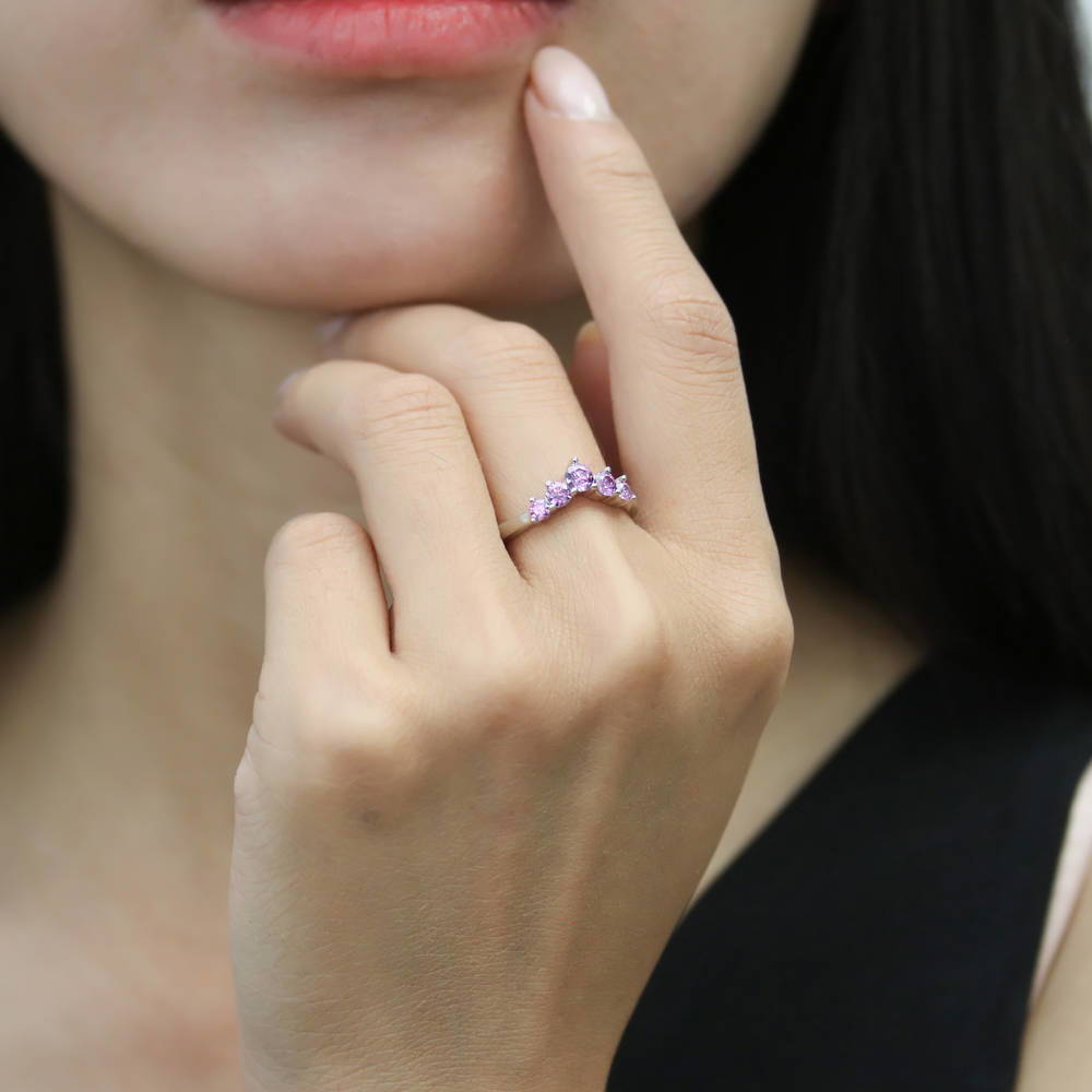 Model wearing 5-Stone Wishbone CZ Stackable Curved Band in Sterling Silver