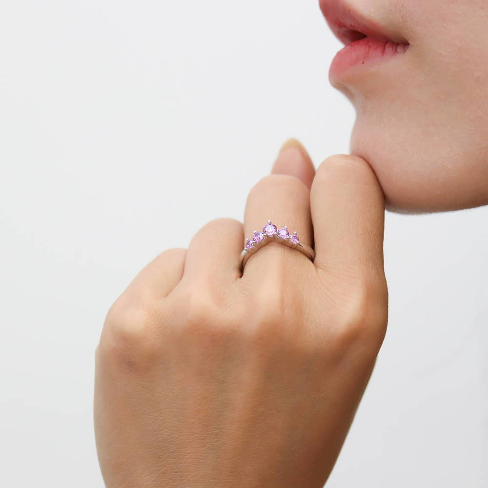 Model wearing 5-Stone Wishbone CZ Stackable Curved Band in Sterling Silver