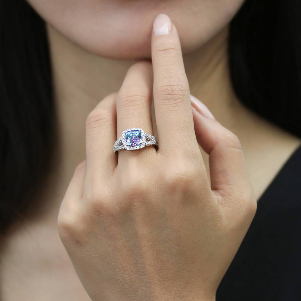 Model wearing Halo Purple Aqua Cushion CZ Split Shank Ring in Sterling Silver