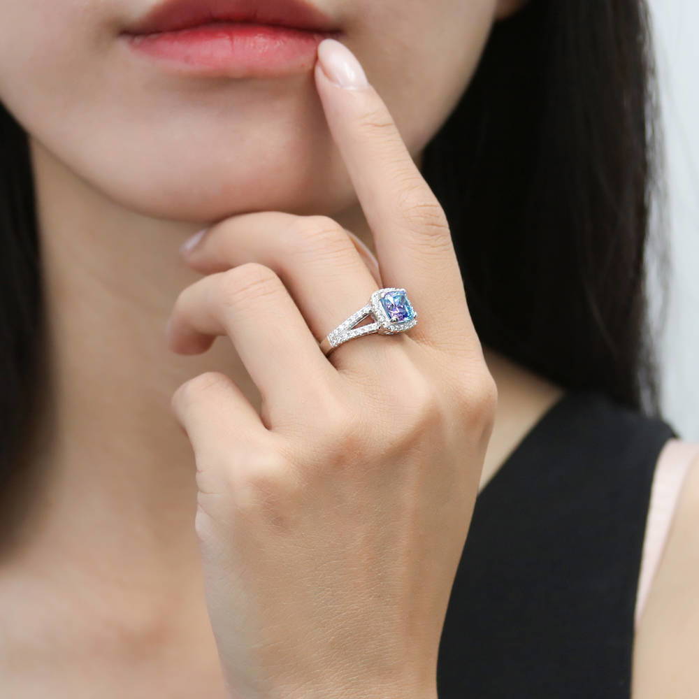 Model wearing Halo Purple Aqua Cushion CZ Split Shank Ring in Sterling Silver