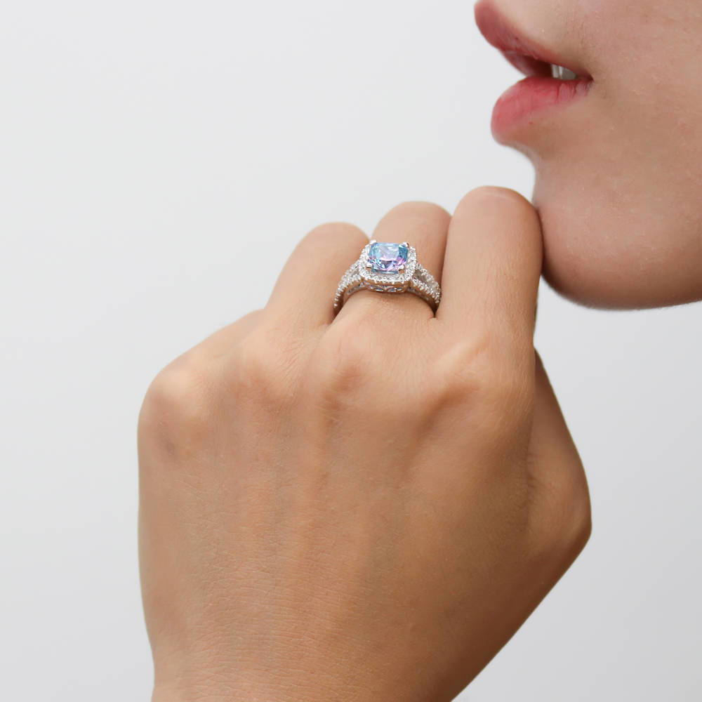 Model wearing Halo Purple Aqua Cushion CZ Split Shank Ring in Sterling Silver