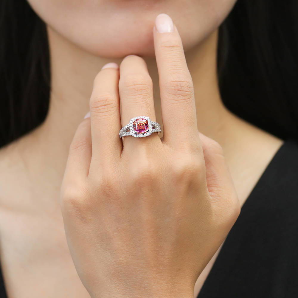 Model wearing Halo Red Orange Cushion CZ Split Shank Ring in Sterling Silver