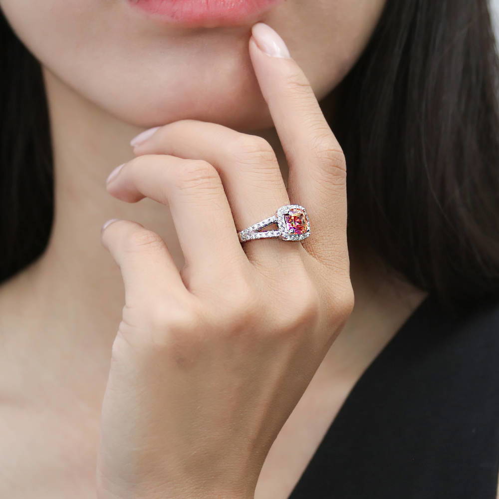 Model wearing Halo Red Orange Cushion CZ Split Shank Ring in Sterling Silver