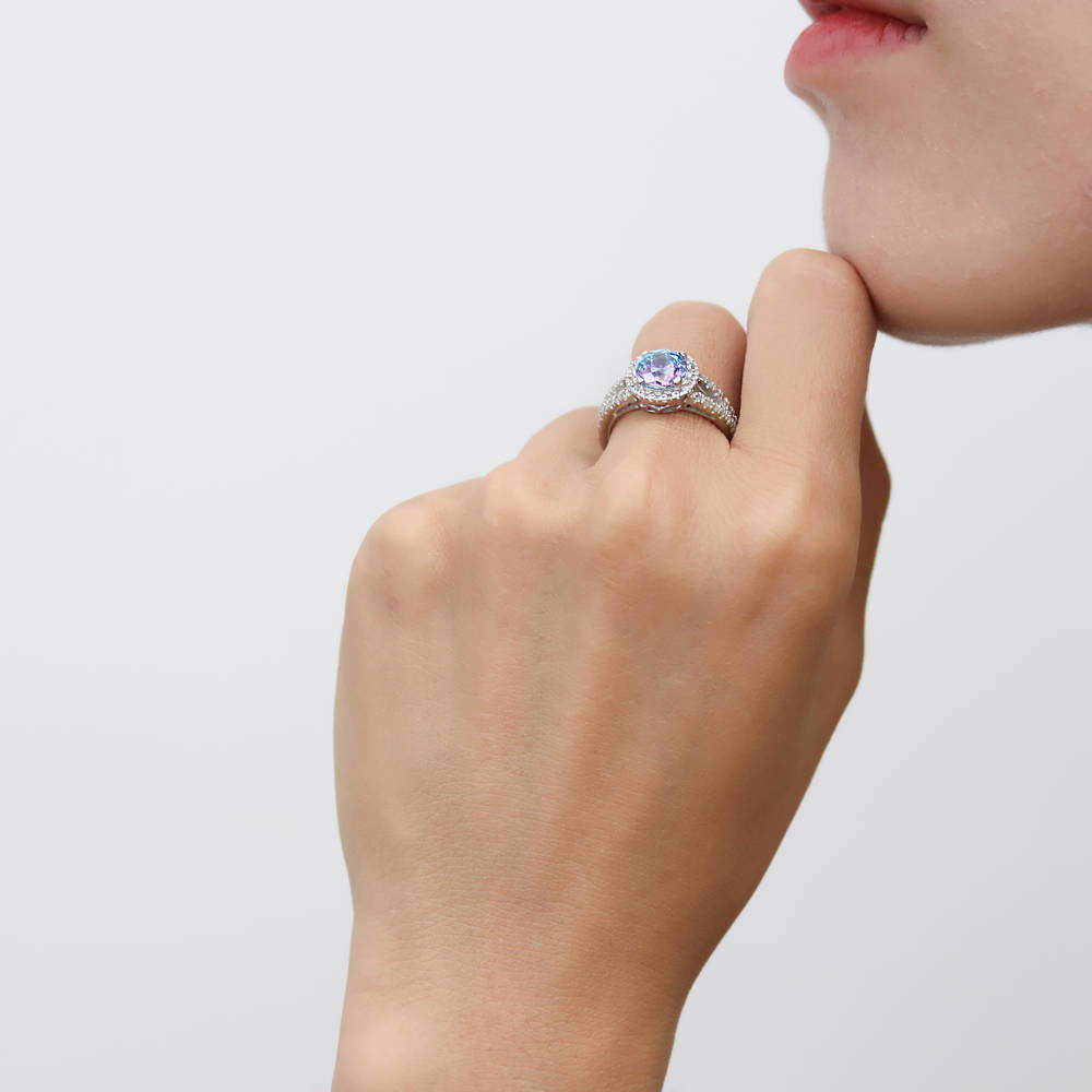 Model wearing Halo Purple Aqua Round CZ Split Shank Ring in Sterling Silver