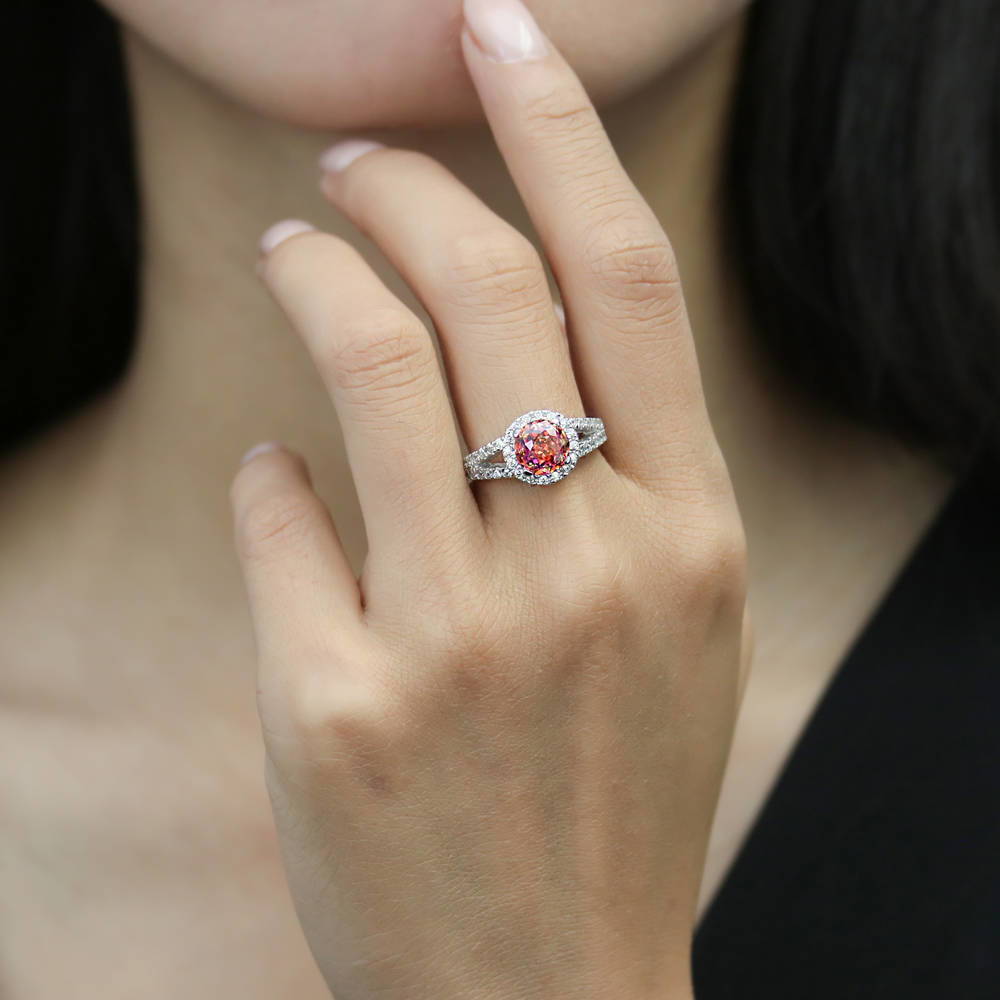 Model wearing Halo Red Orange Round CZ Split Shank Ring in Sterling Silver