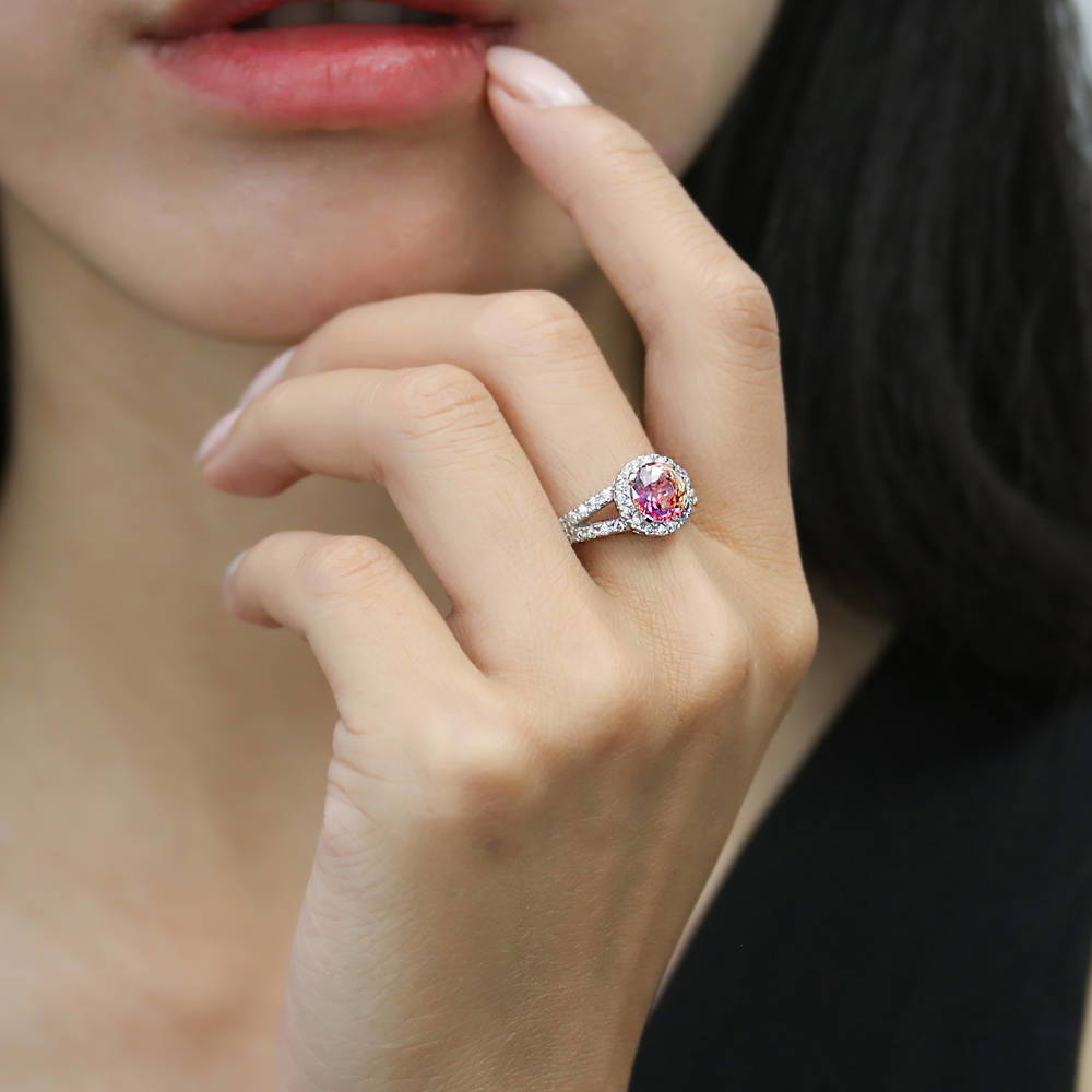 Model wearing Halo Red Orange Round CZ Split Shank Ring in Sterling Silver