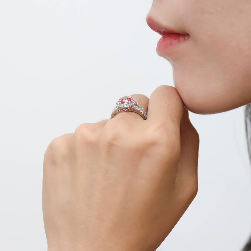 Model wearing Halo Red Orange Round CZ Split Shank Ring in Sterling Silver