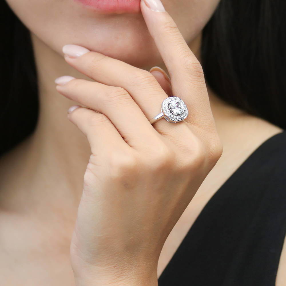 Model wearing Halo Woven Cushion CZ Ring in Sterling Silver