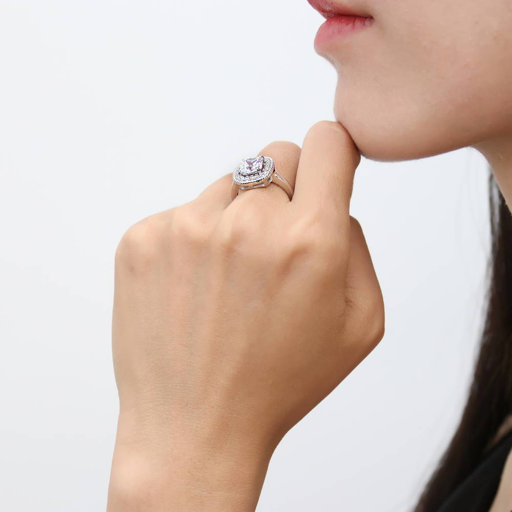 Model wearing Halo Woven Cushion CZ Ring in Sterling Silver