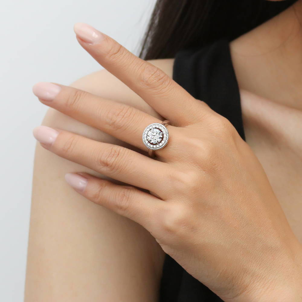 Model wearing Halo Cable Round CZ Ring in Sterling Silver