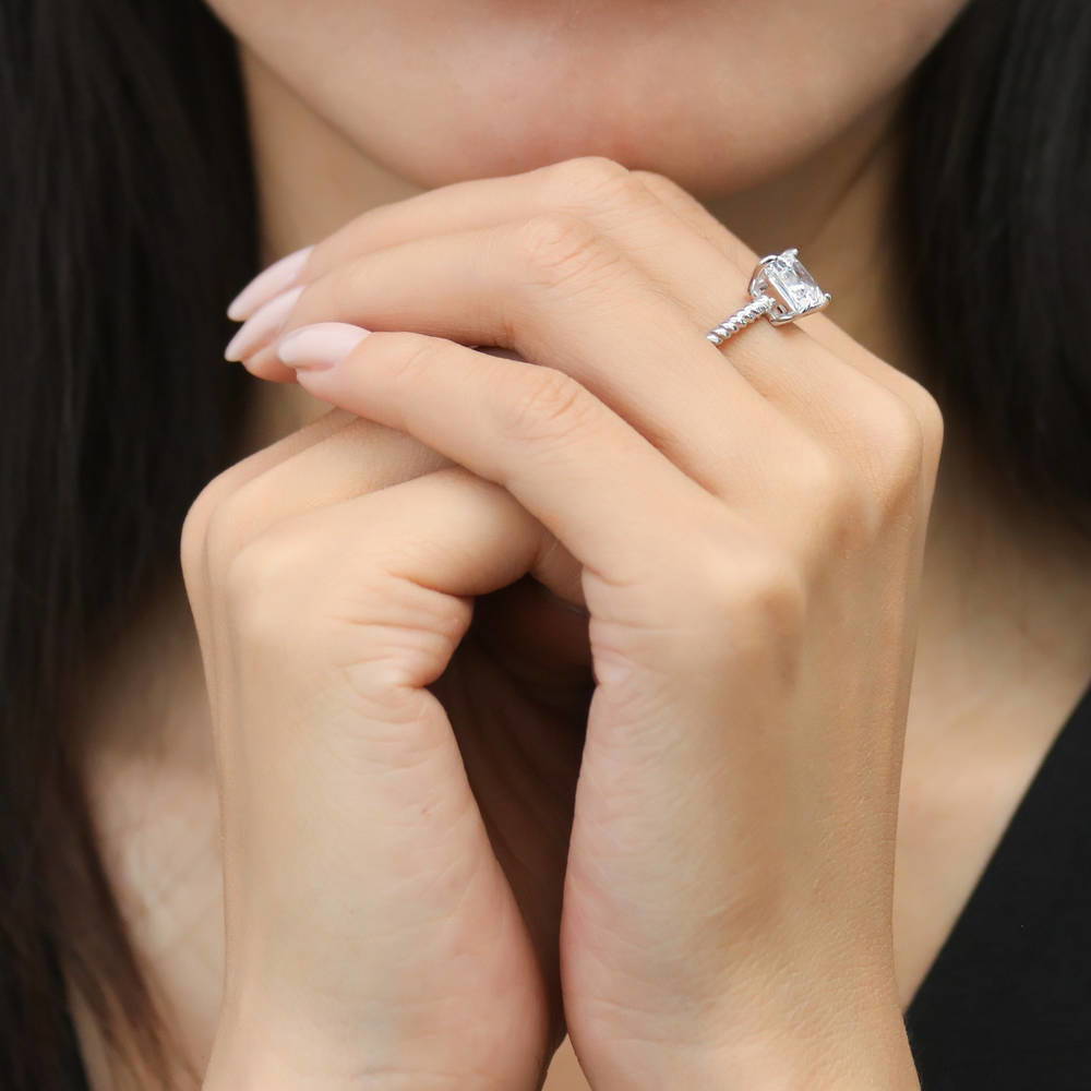 Model wearing Woven Solitaire CZ Ring in Sterling Silver