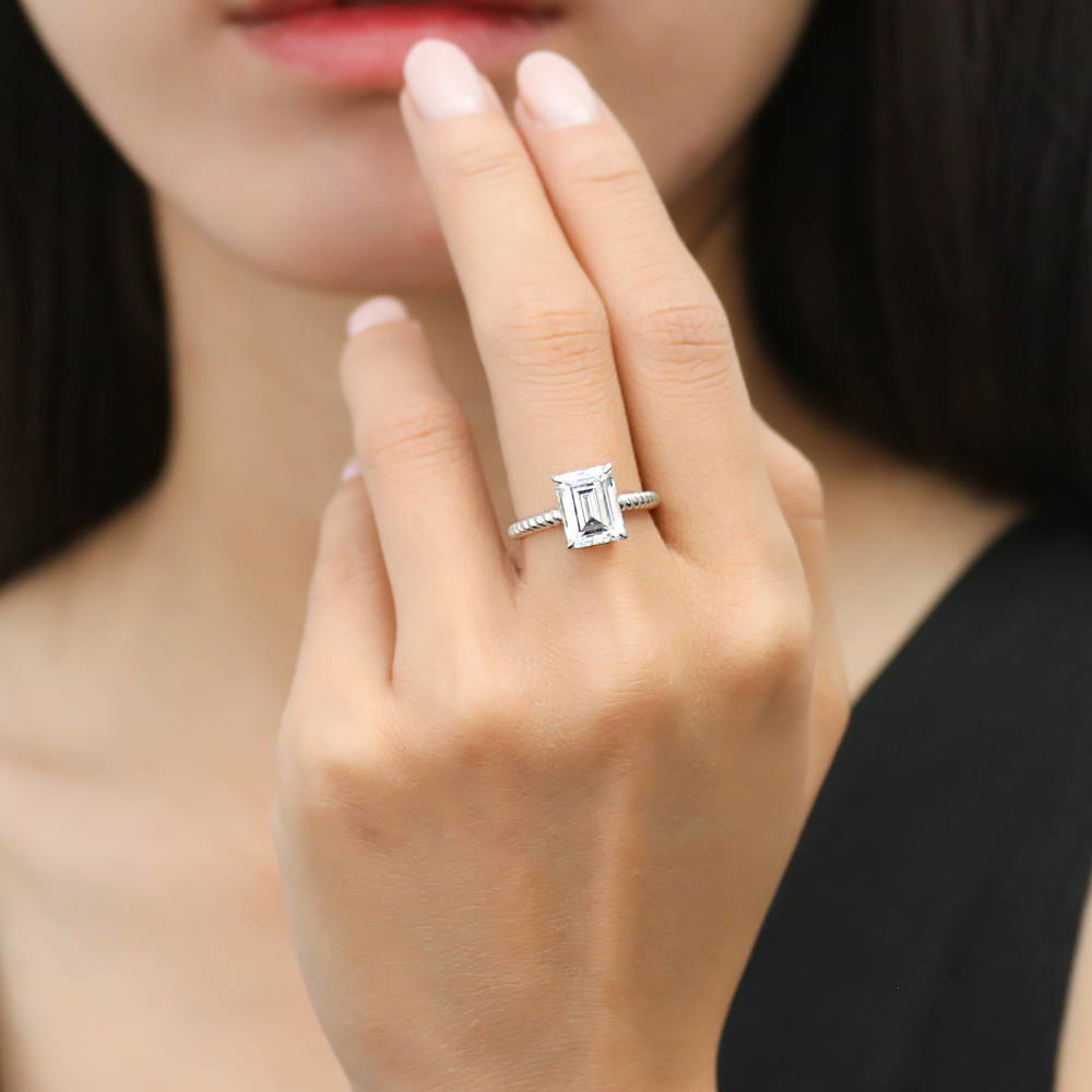 Model wearing Woven Solitaire CZ Ring in Sterling Silver