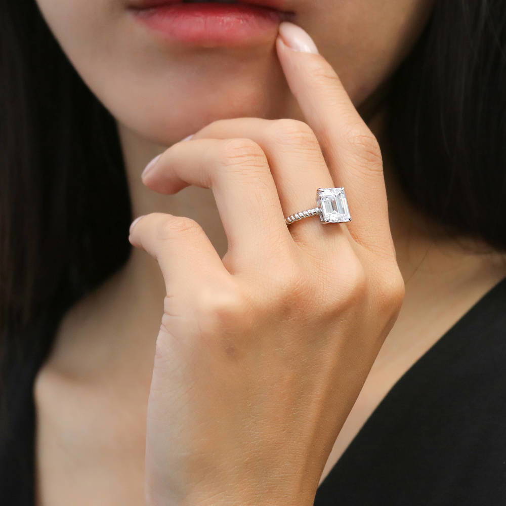 Model wearing Woven Solitaire CZ Ring in Sterling Silver