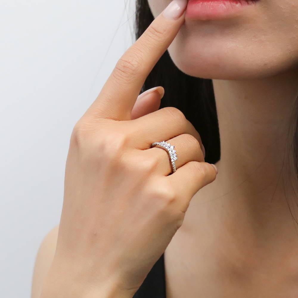 Model wearing Wishbone CZ Curved Half Eternity Ring in Sterling Silver, 6 of 9
