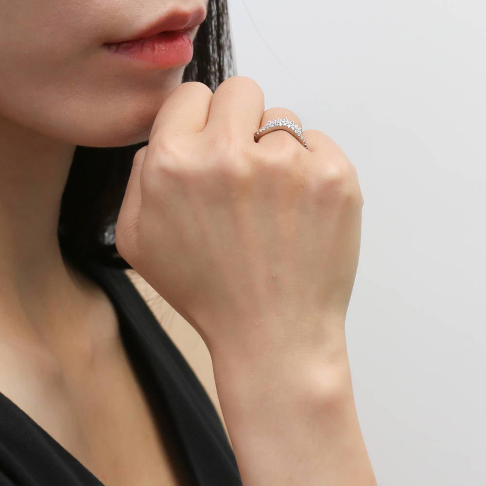 Model wearing Wishbone CZ Curved Half Eternity Ring in Sterling Silver, 3 of 9