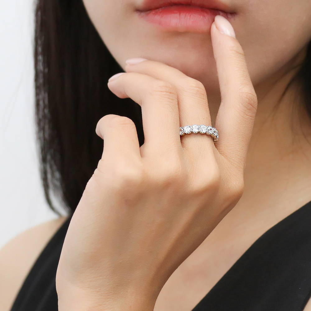 Model wearing Milgrain Bezel Set CZ Eternity Ring in Sterling Silver