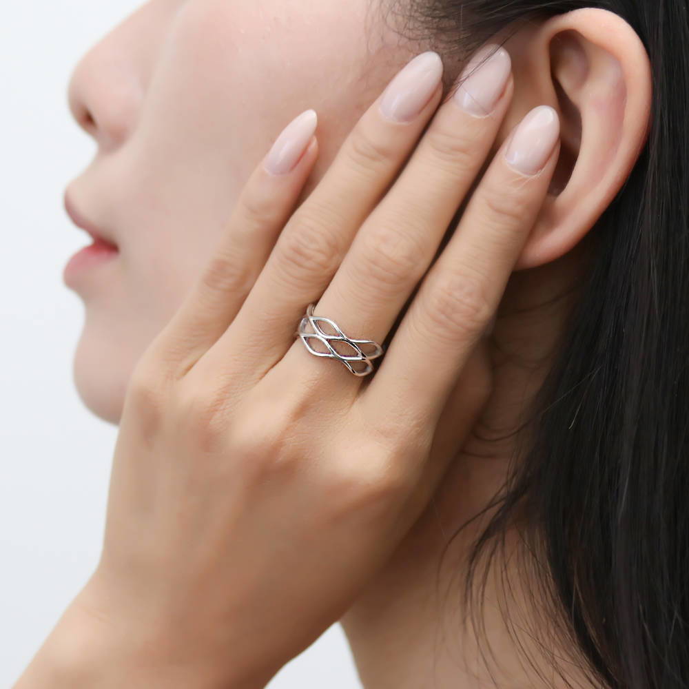 Model wearing Woven Band in Sterling Silver