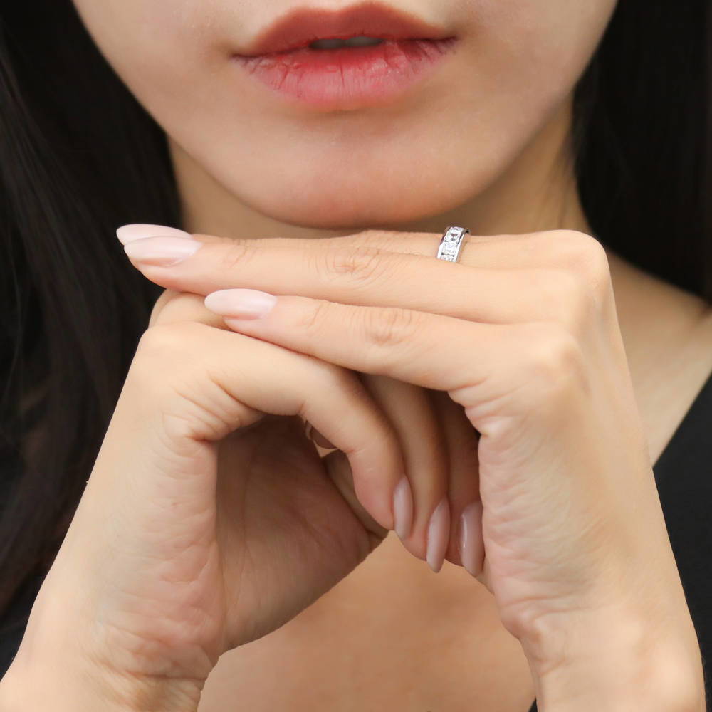 Model wearing Channel Set Asscher CZ Half Eternity Ring in Sterling Silver