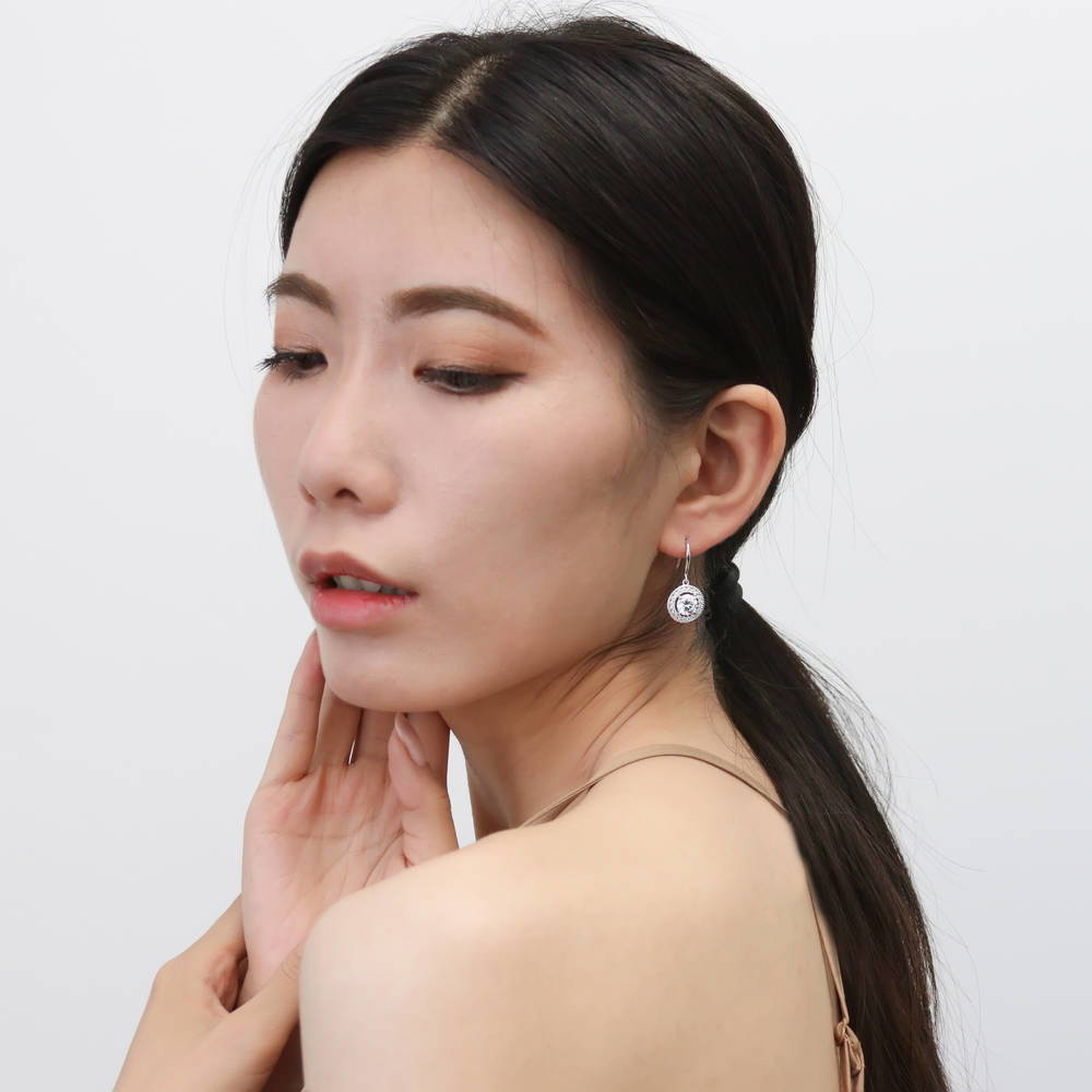 Model Wearing Halo Dangle Earrings Style E1702-01