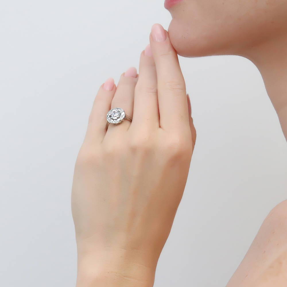 Model wearing Woven Wreath CZ Ring in Sterling Silver