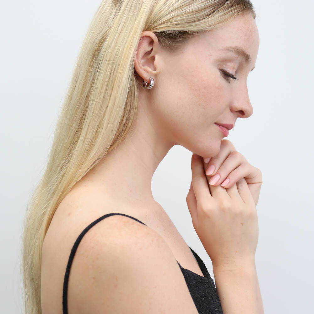 Model wearing CZ Small Huggie Earrings in Sterling Silver 0.55 inch, 2 of 7