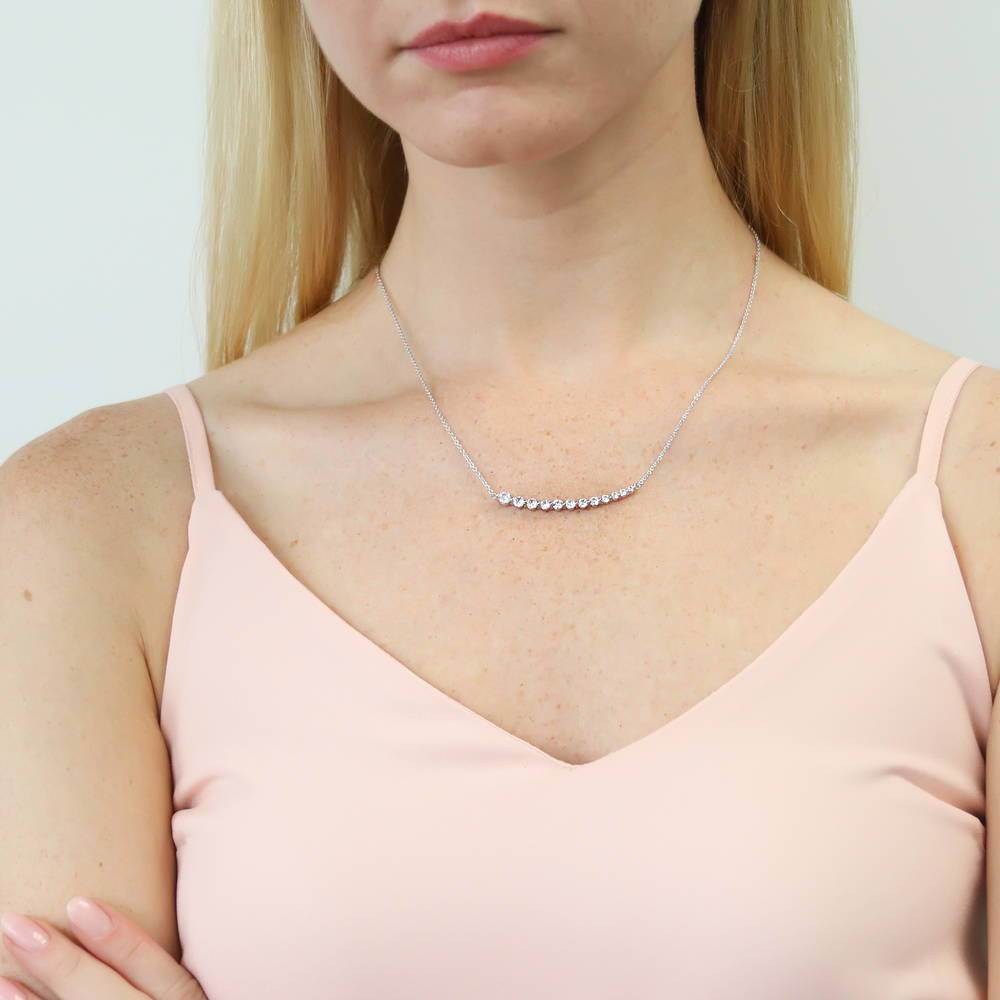 Model wearing Graduated Bar CZ Pendant Necklace in Sterling Silver