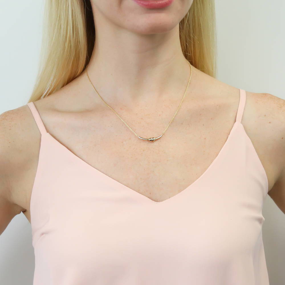 Model wearing Bar Pendant Necklace in Gold Flashed Sterling Silver, 2 of 6