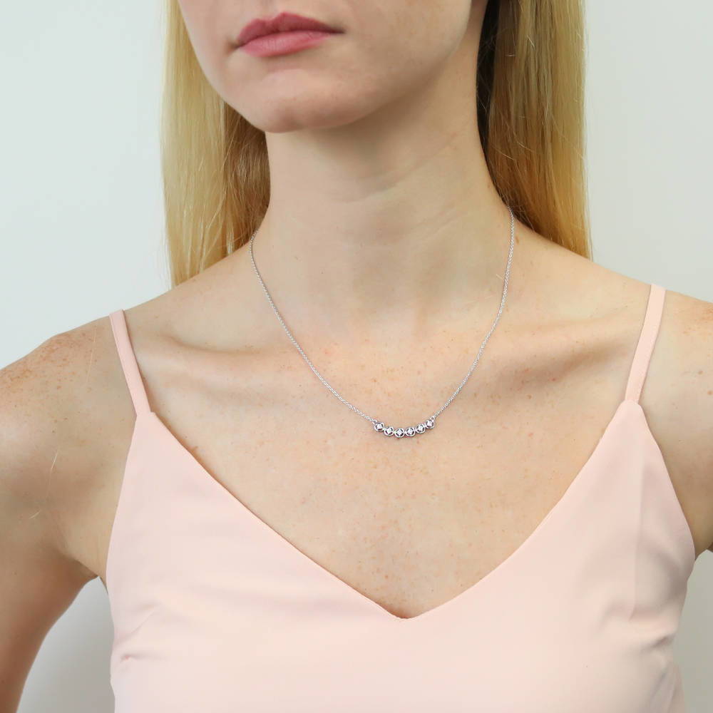 Model wearing Bubble CZ Pendant Necklace in Sterling Silver