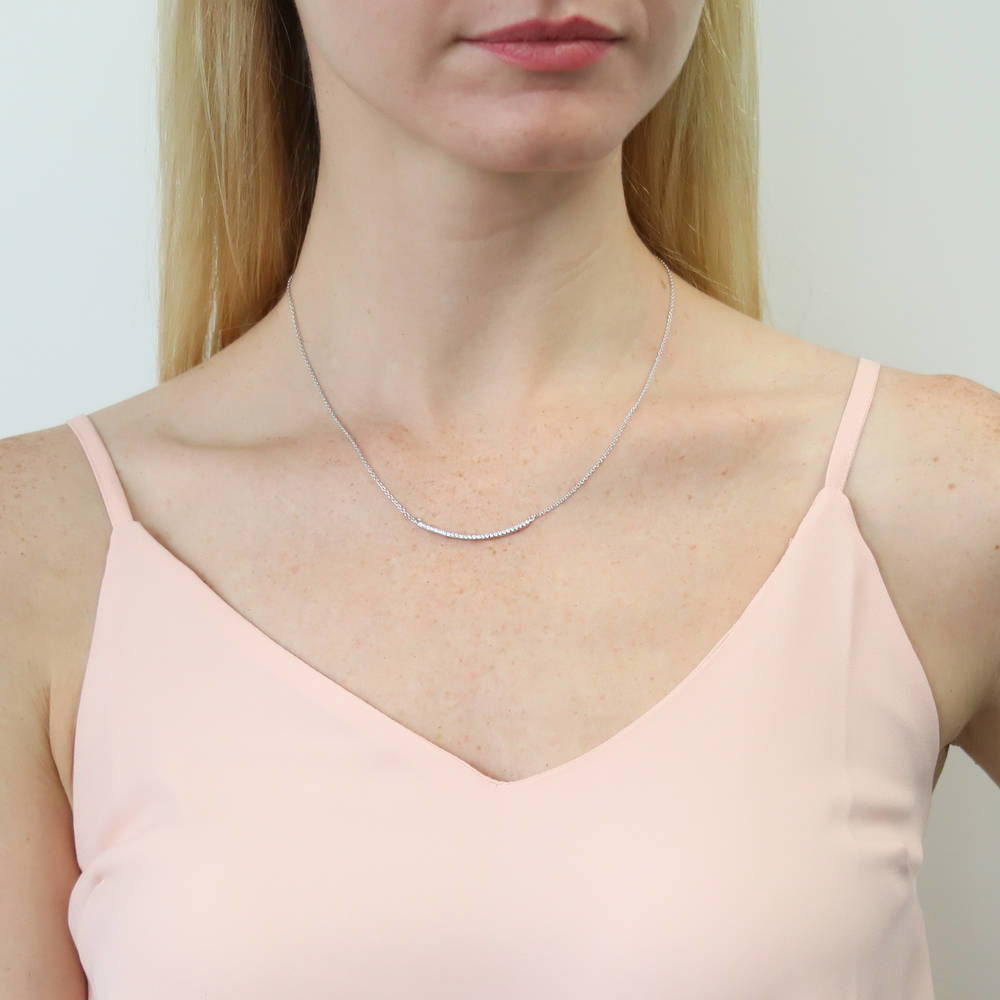 Model wearing Bar CZ Pendant Necklace in Sterling Silver