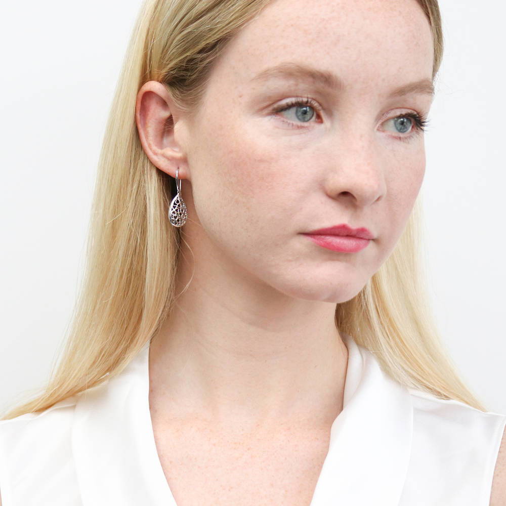 Clover Teardrop Fish Hook Dangle Earrings in Sterling Silver