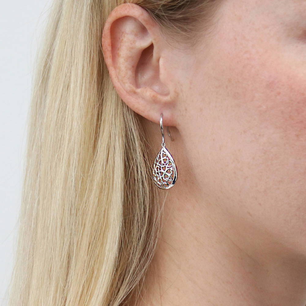 Clover Teardrop Fish Hook Dangle Earrings in Sterling Silver