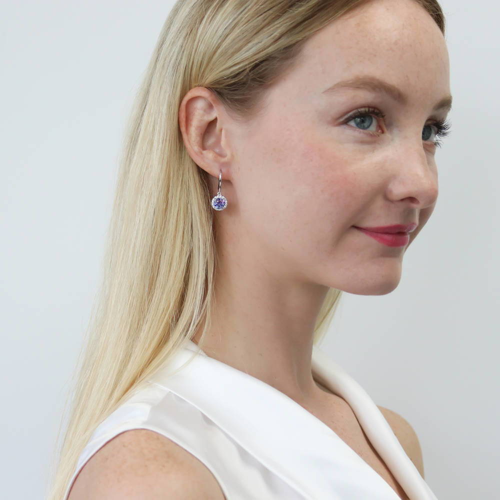 Model wearing Halo Kaleidoscope Round CZ Fish Hook Dangle Earrings in Sterling Silver