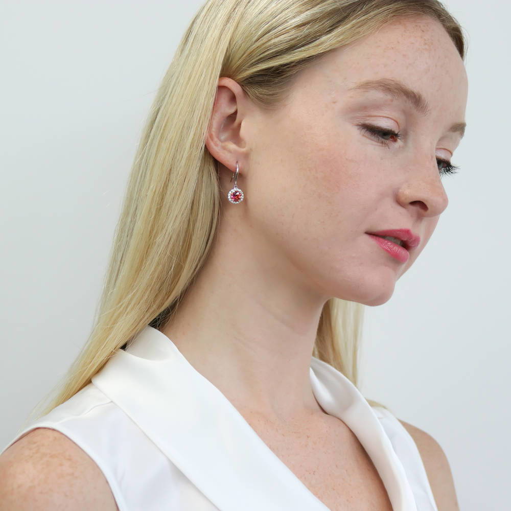 Model wearing Halo Kaleidoscope Round CZ Fish Hook Dangle Earrings in Sterling Silver