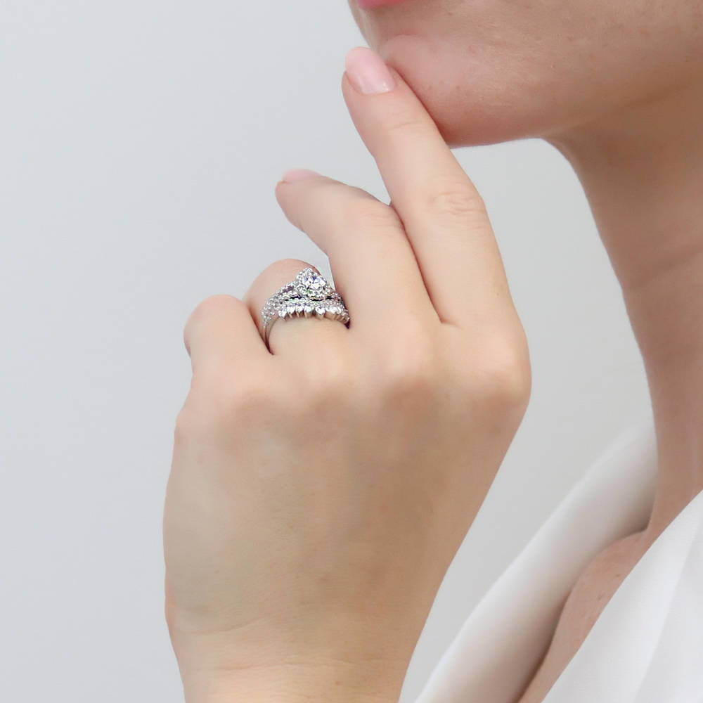 Model wearing Halo Pear CZ Split Shank Ring Set in Sterling Silver