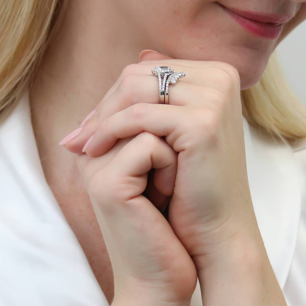 Model wearing Halo Pear CZ Split Shank Ring Set in Sterling Silver