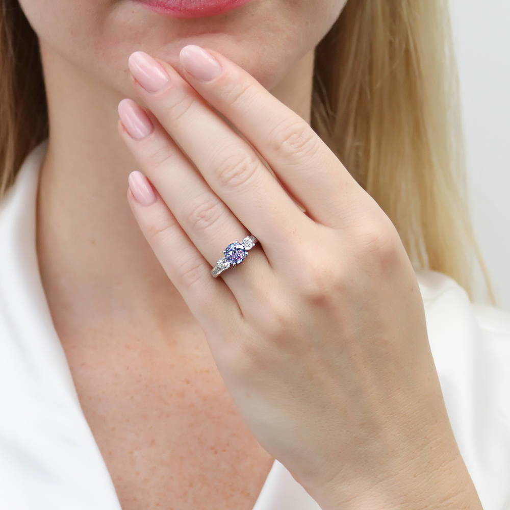 Model wearing 3-Stone Kaleidoscope Purple Aqua Round CZ Ring in Sterling Silver