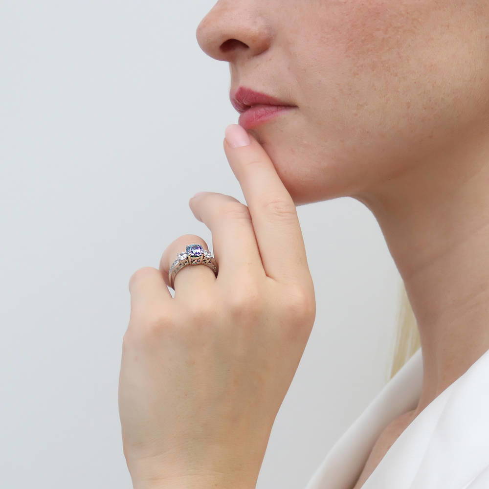 Model wearing 3-Stone Kaleidoscope Purple Aqua Round CZ Ring in Sterling Silver