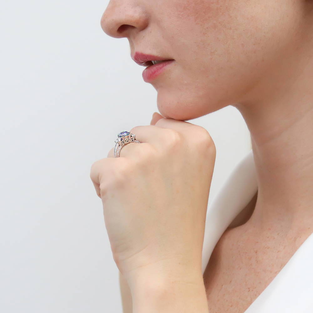 3-Stone Kaleidoscope Purple Aqua CZ Ring in Sterling Silver