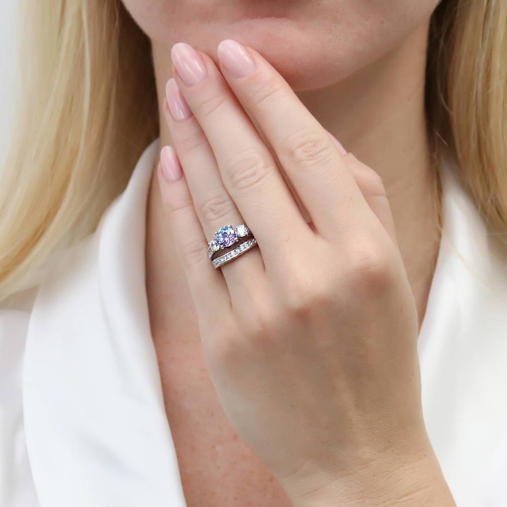 Model wearing 3-Stone Kaleidoscope Purple Aqua Round CZ Ring Set in Sterling Silver