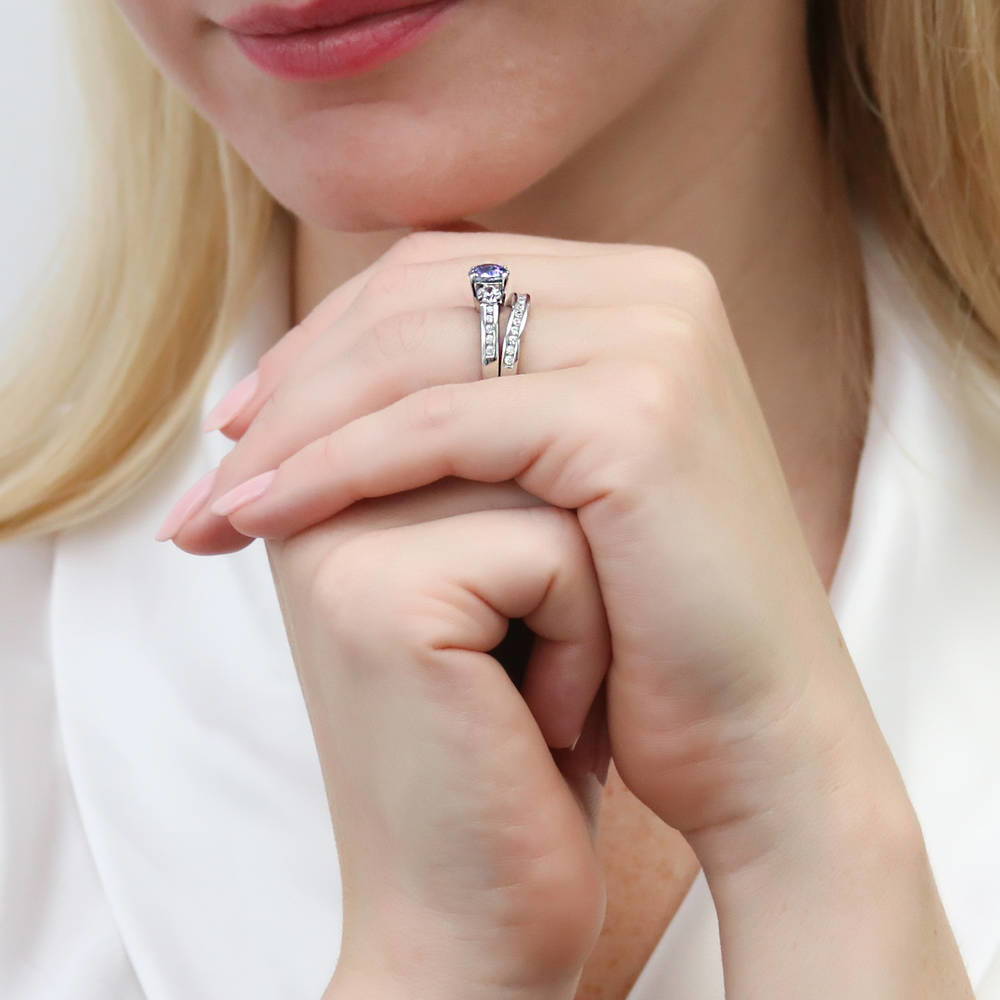 Model wearing 3-Stone Kaleidoscope Purple Aqua Round CZ Ring Set in Sterling Silver