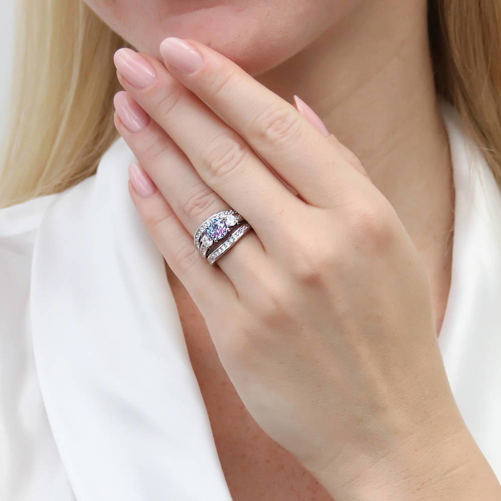 Model wearing 3-Stone Kaleidoscope Purple Aqua Round CZ Ring Set in Sterling Silver